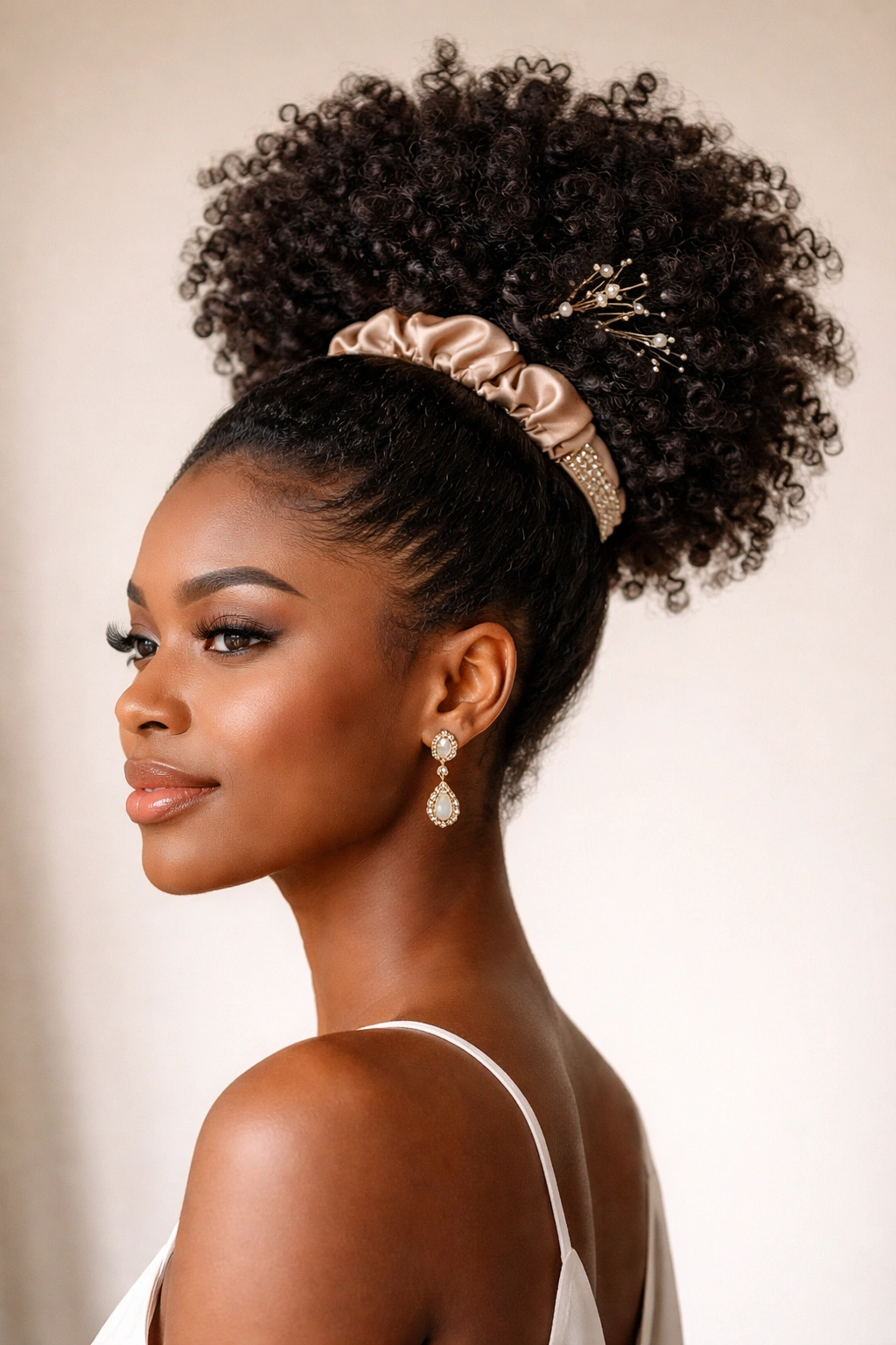 High puff hairstyle with silk scrunchie and decorative cuff