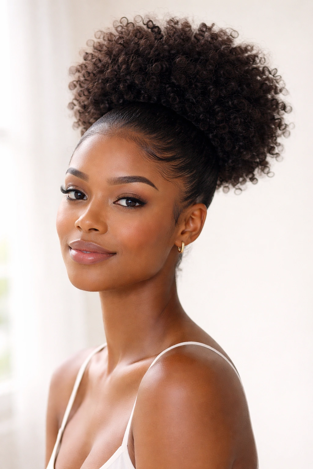 High puff hairstyle with defined coils and exposed neck