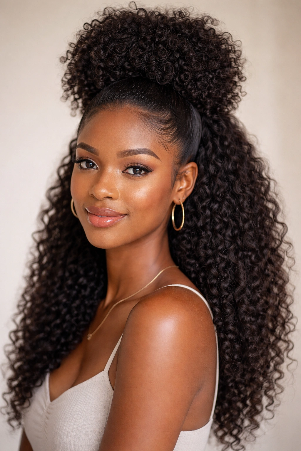 High puff half-up hairstyle with crown volume and flowing hair
