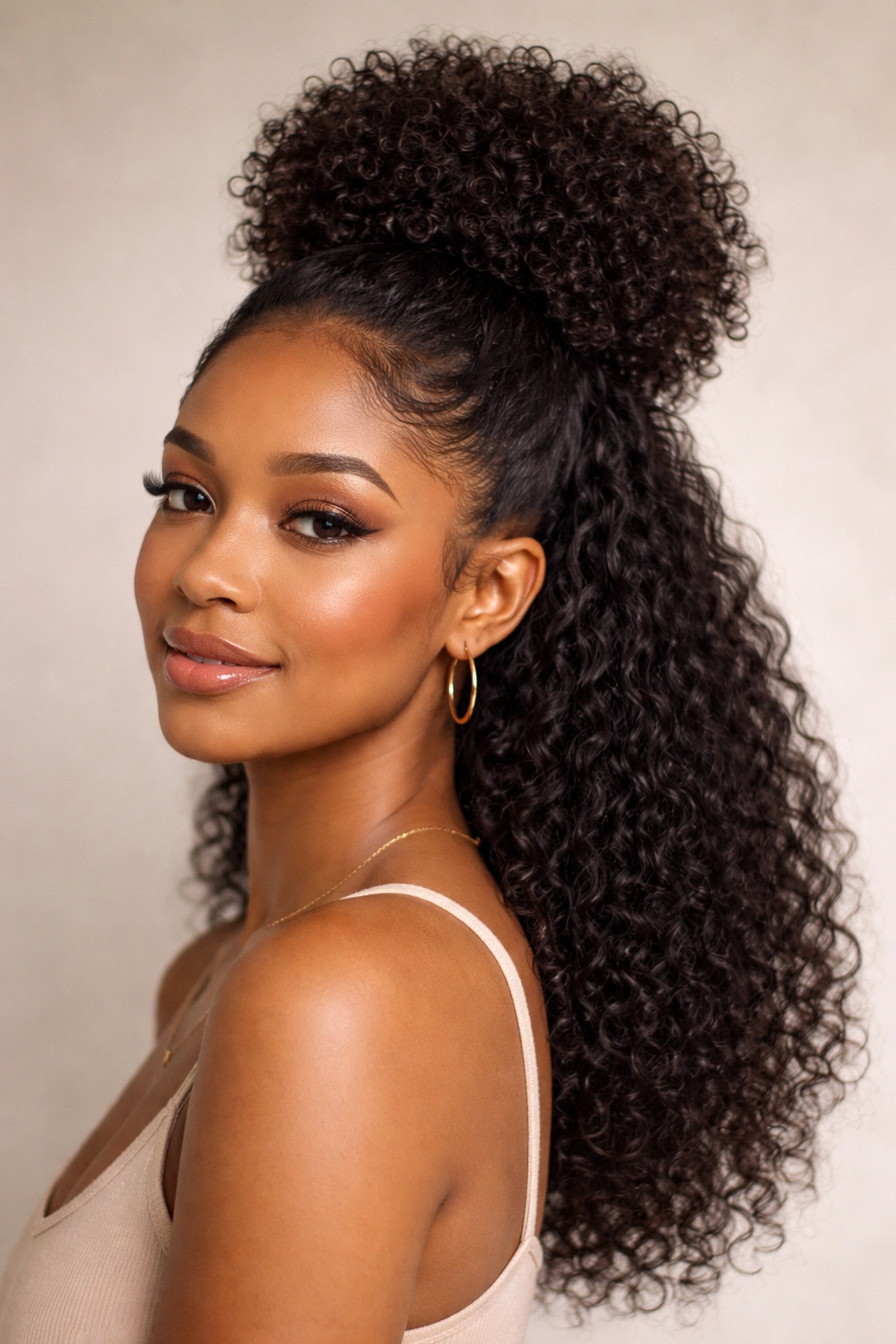 Classic high puff half-up hairstyle on natural hair with crown volume
