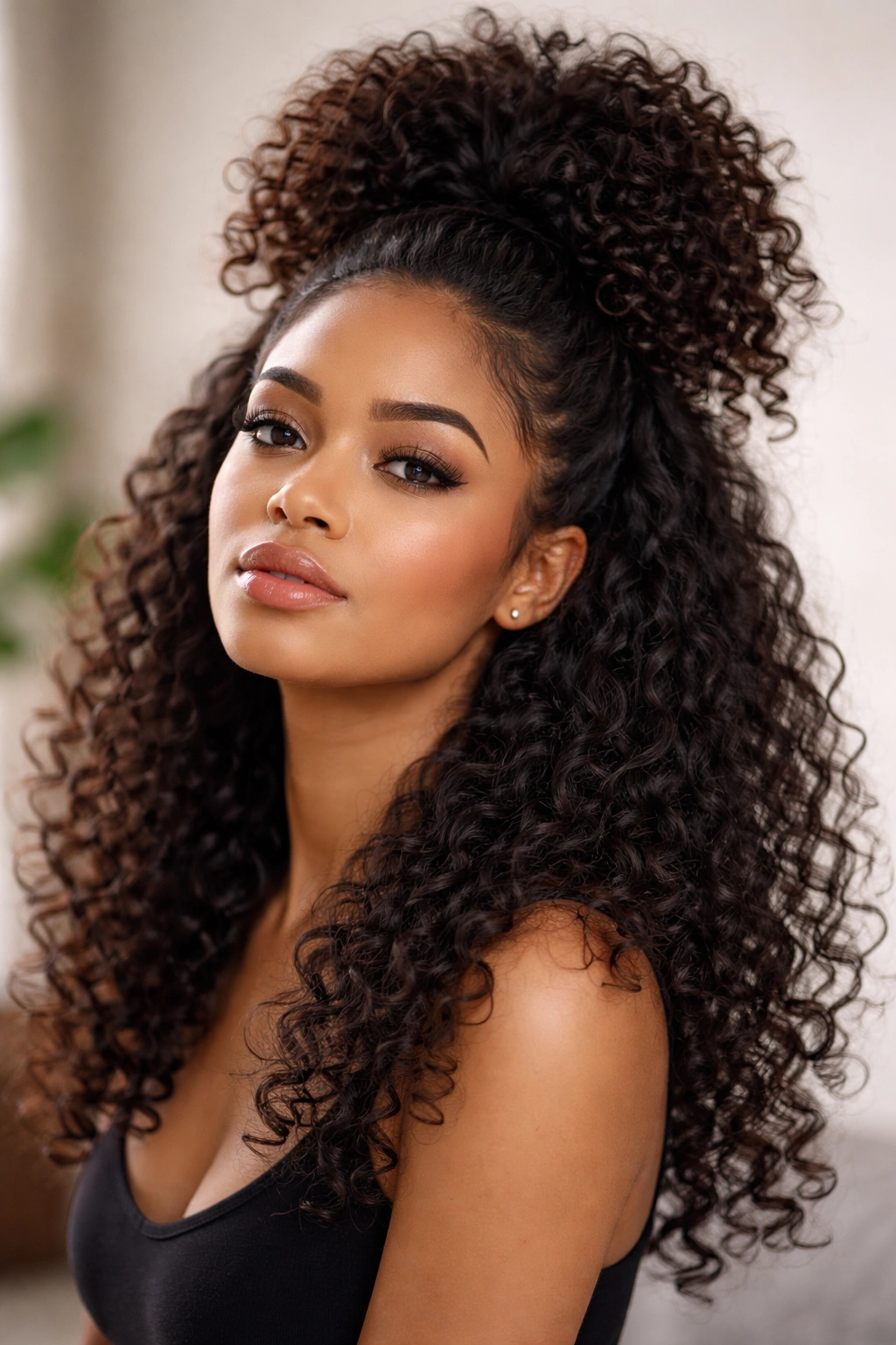 Close-up of a high-volume crown puff with curly hair