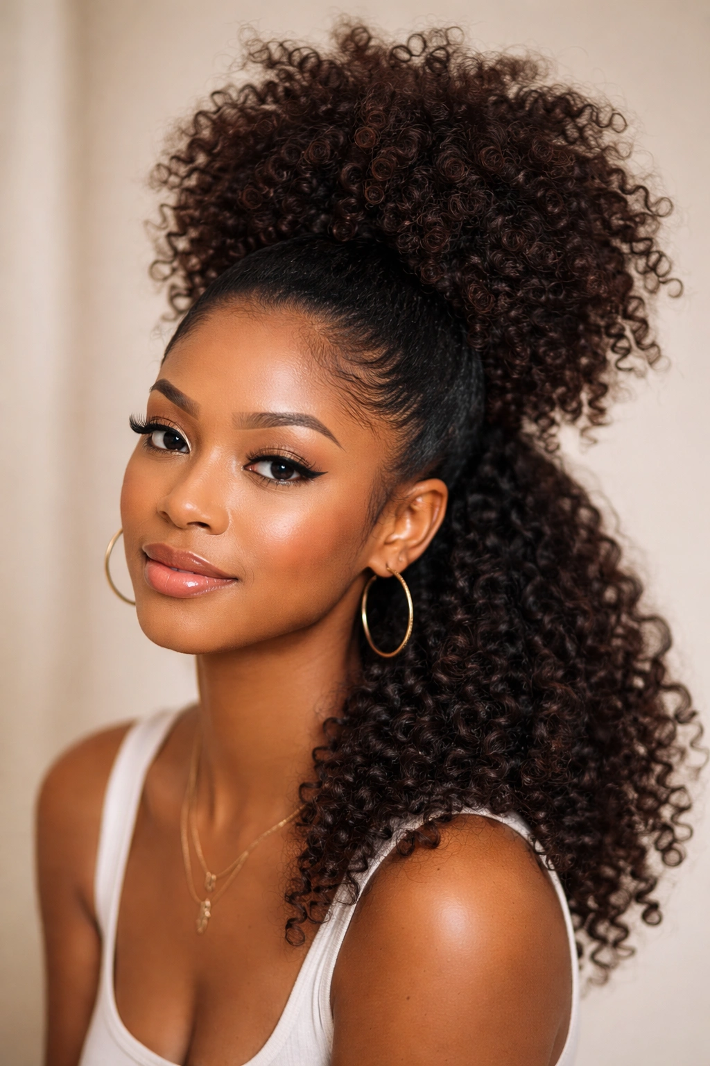 Close-up of high puff ponytail on curly natural hair with crown volume