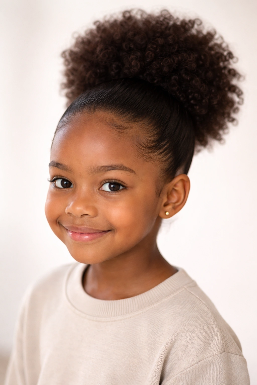 Close-up of a child's high puff ponytail with smooth front hairline