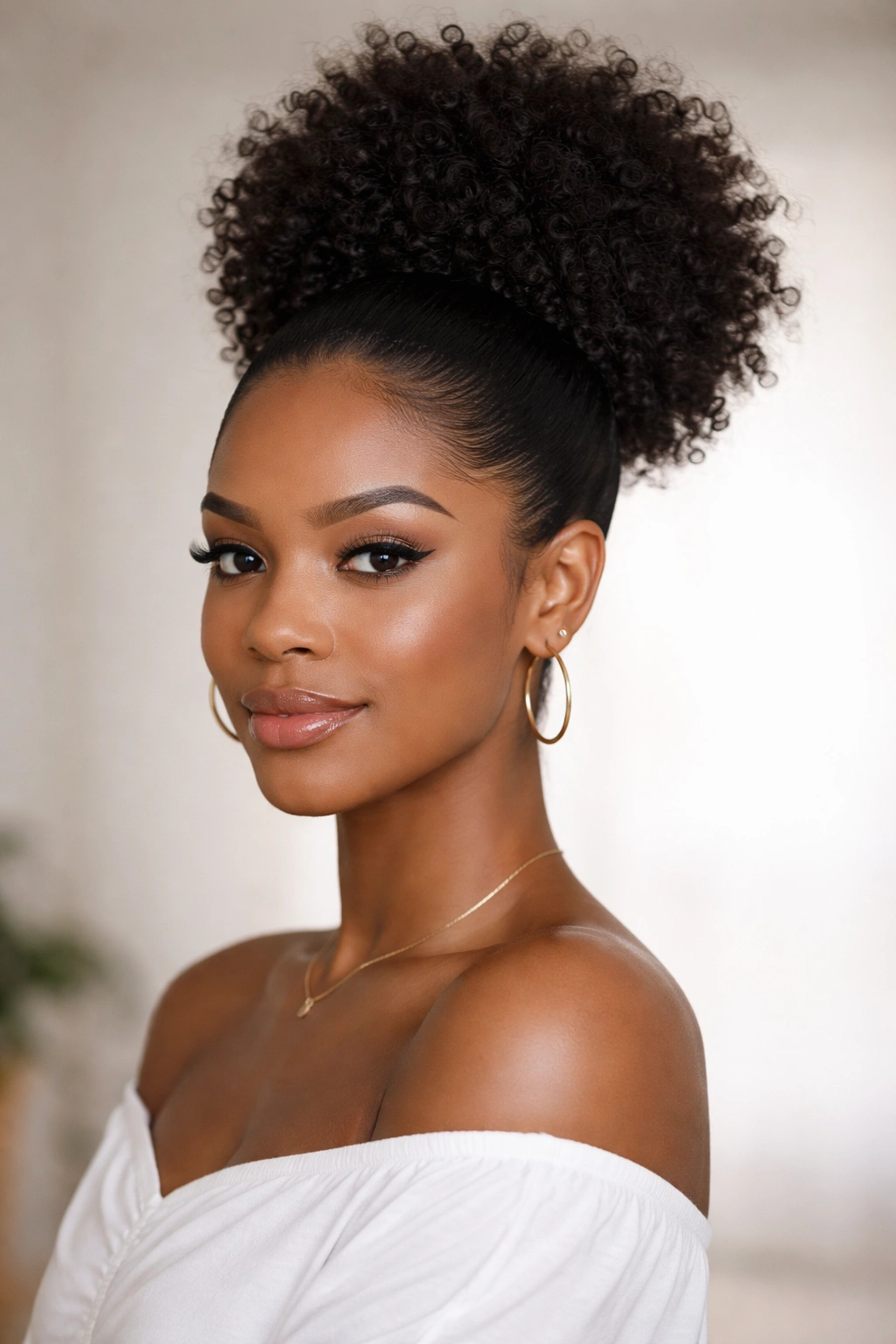High puff with sleek, smooth sides at the scalp