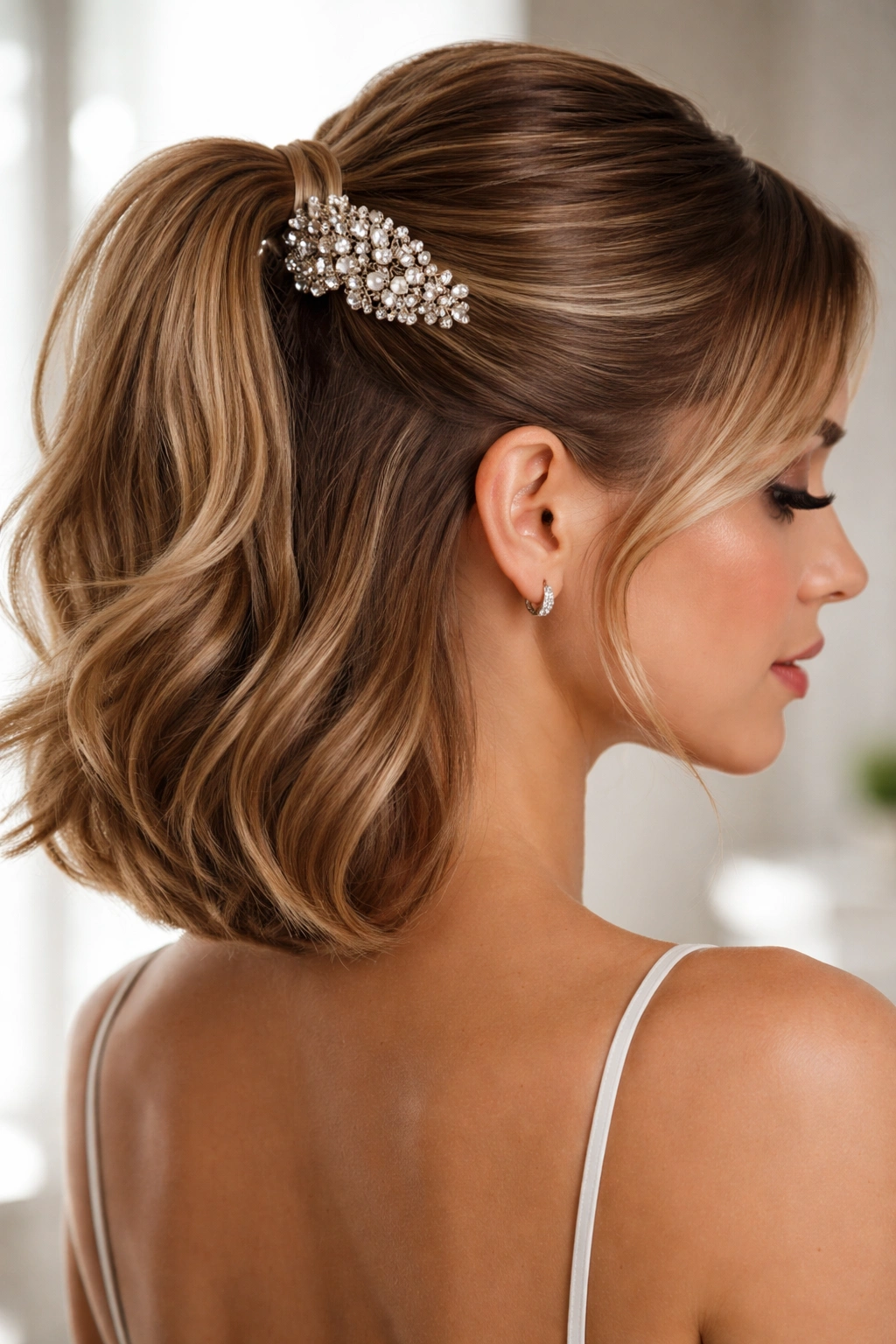 Glossy half-pony with ornate crystal comb wrapped at the base