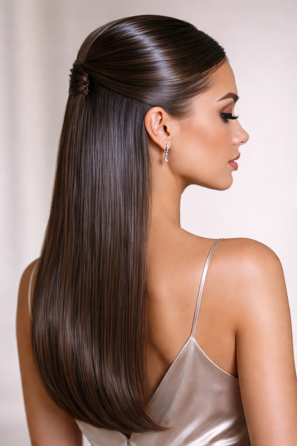 High-shine sculptural back hairstyle with straight bottom