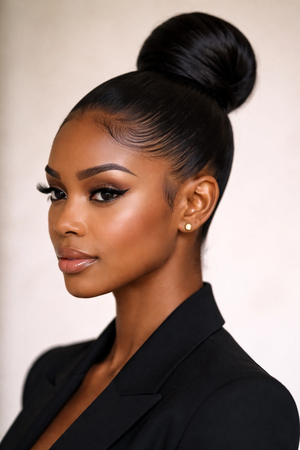 Close-up of a Black woman with a high sleek ponytail bun and smooth edges