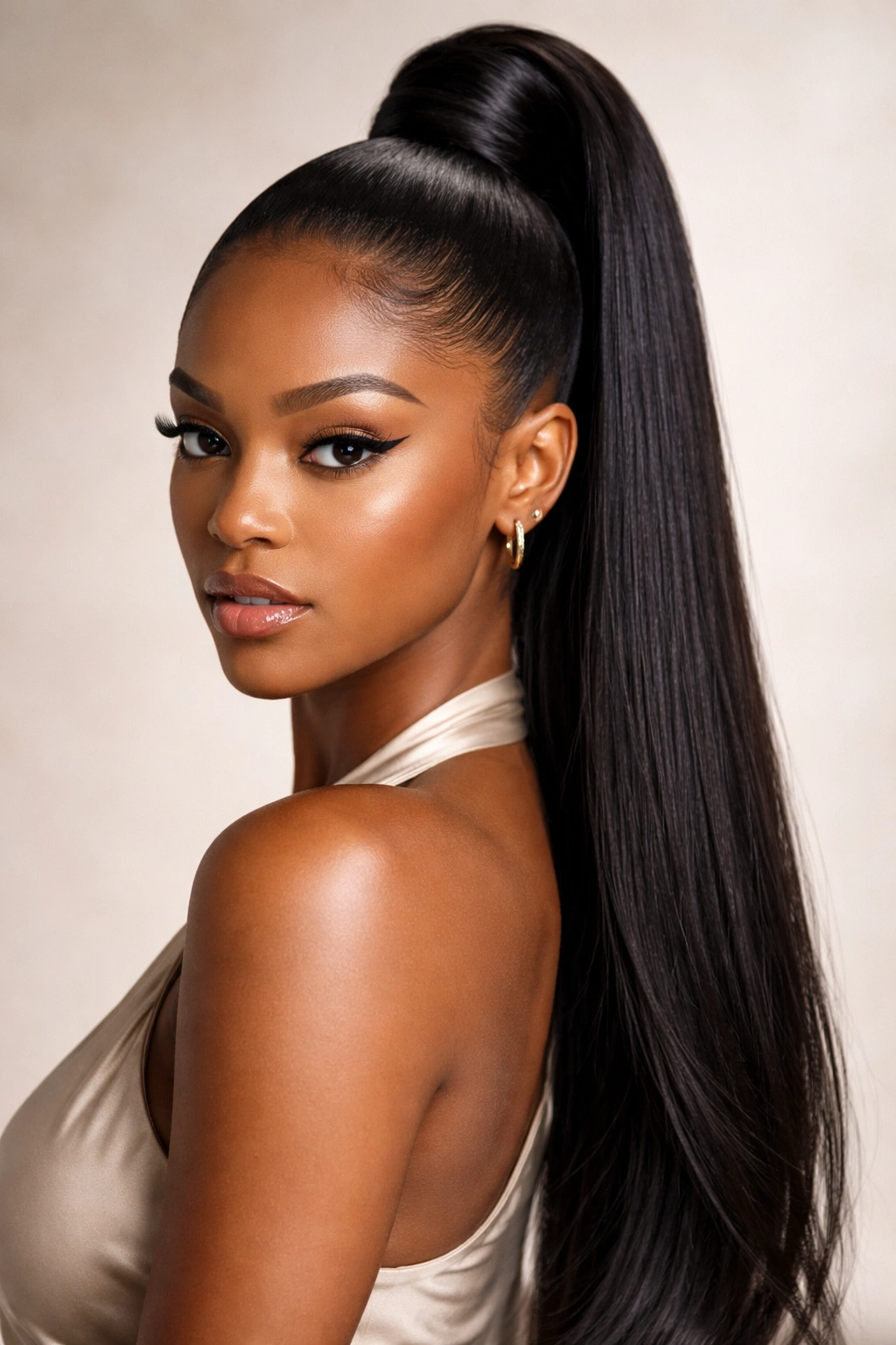 High sleek ponytail with glossy, tightly pulled-back hair