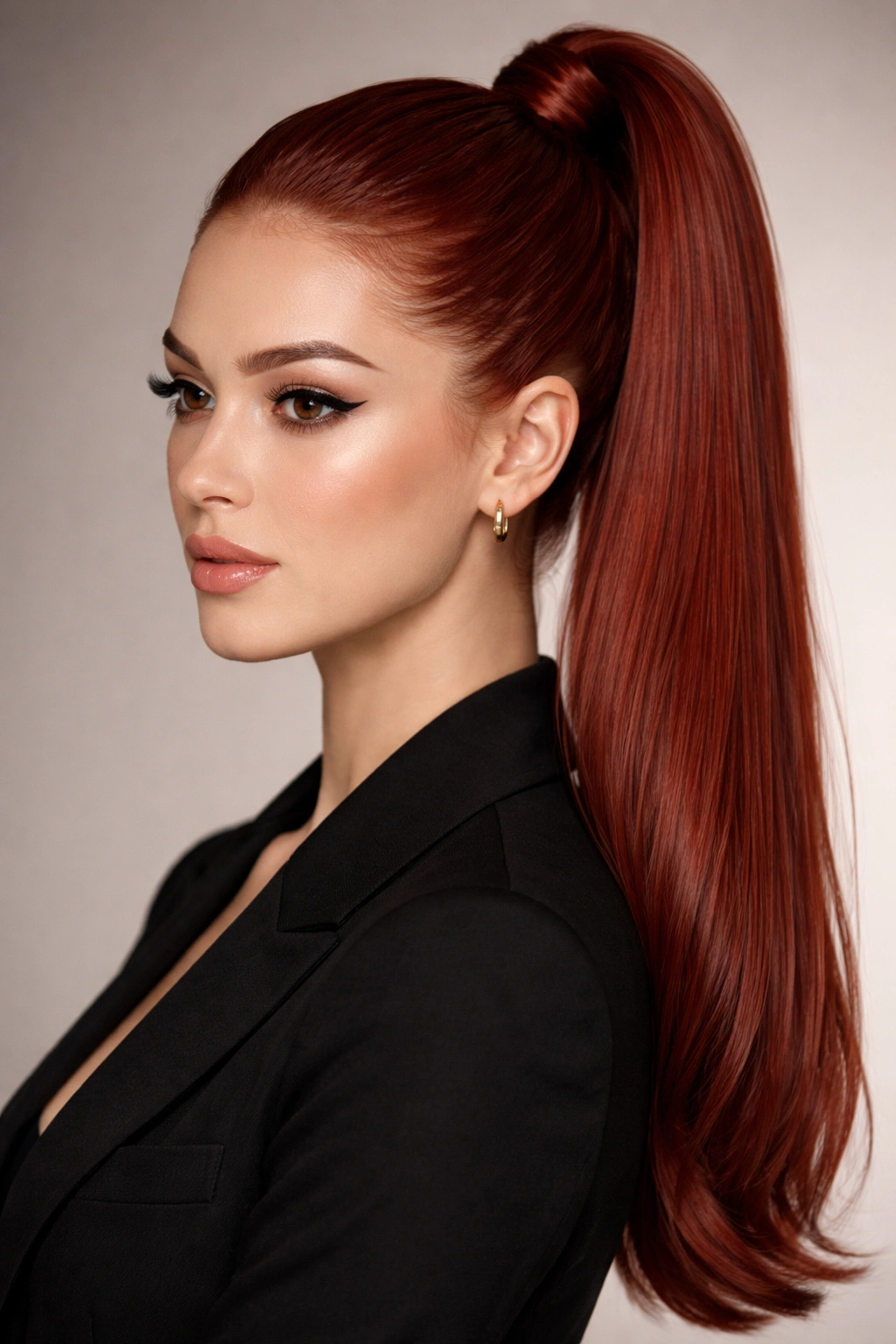 Close-up of a red-haired model with a high sleek ponytail in studio lighting