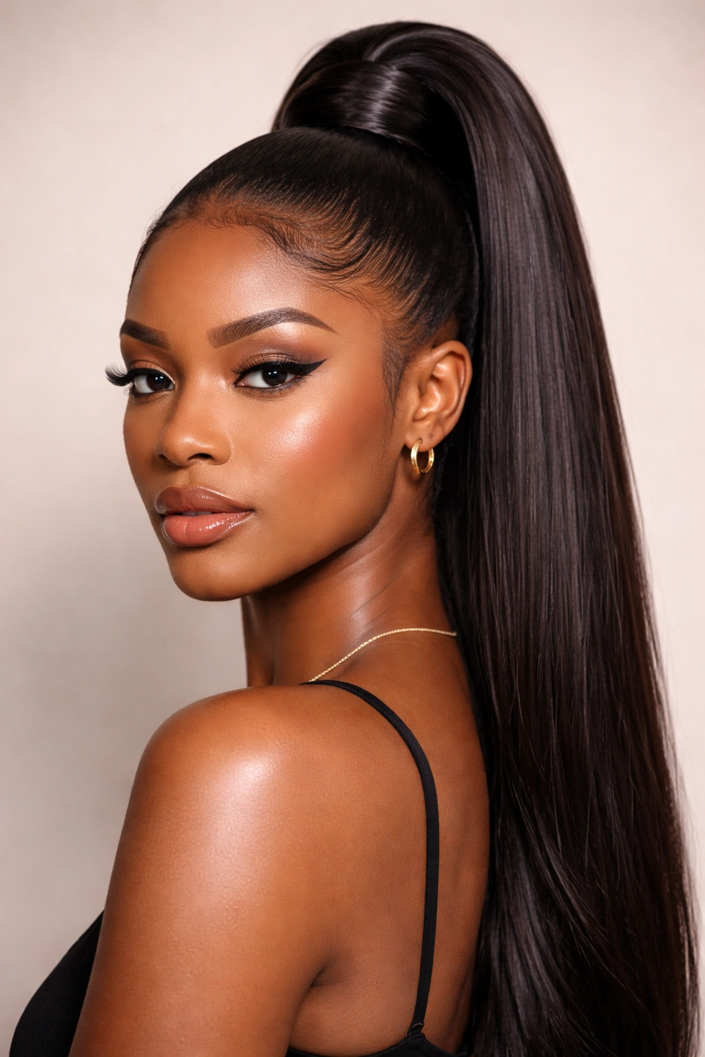 Close-up portrait of a Black woman with a high sleek ponytail and smooth edges