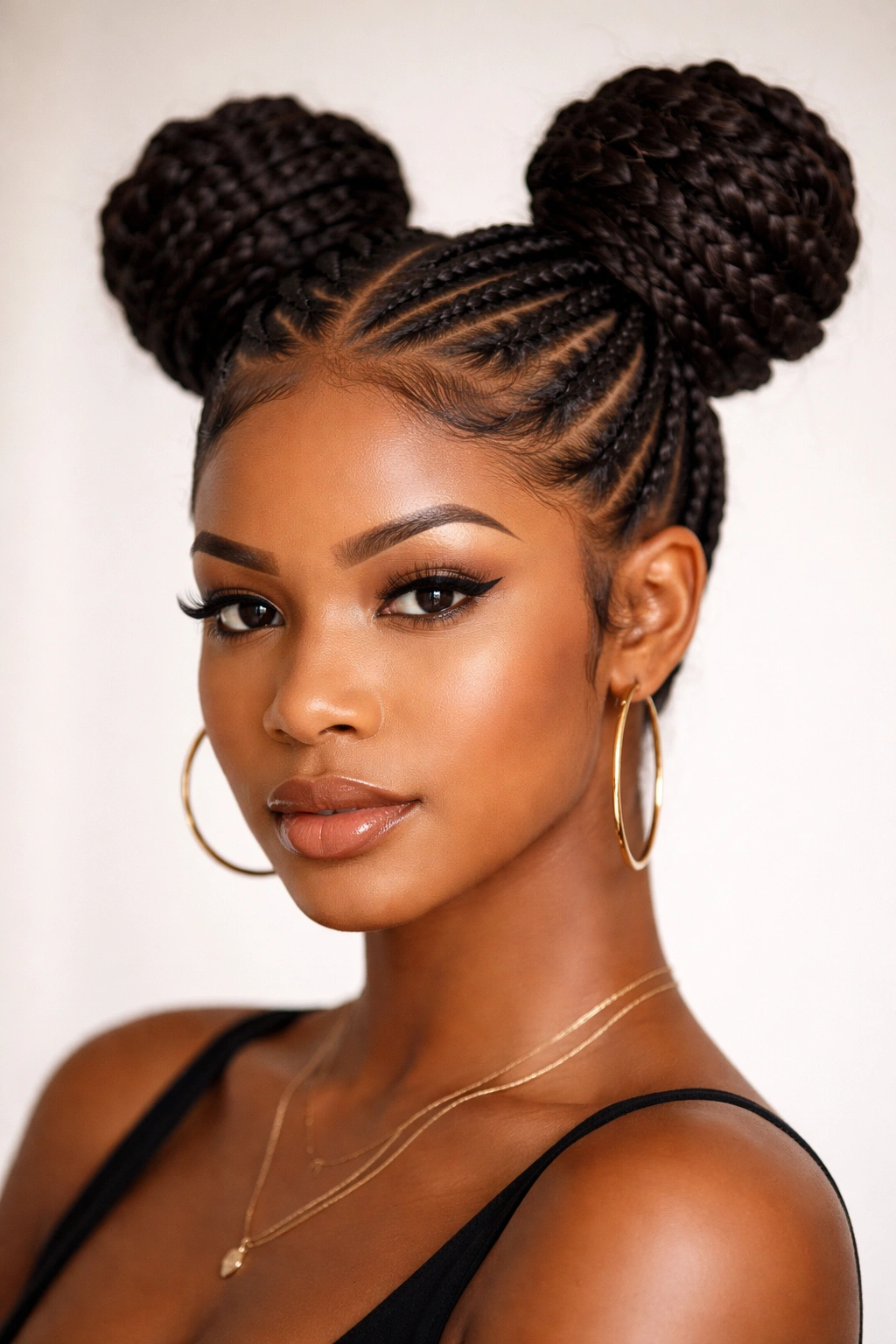 Two high space buns above ears with feed-in cornrows curving to crown