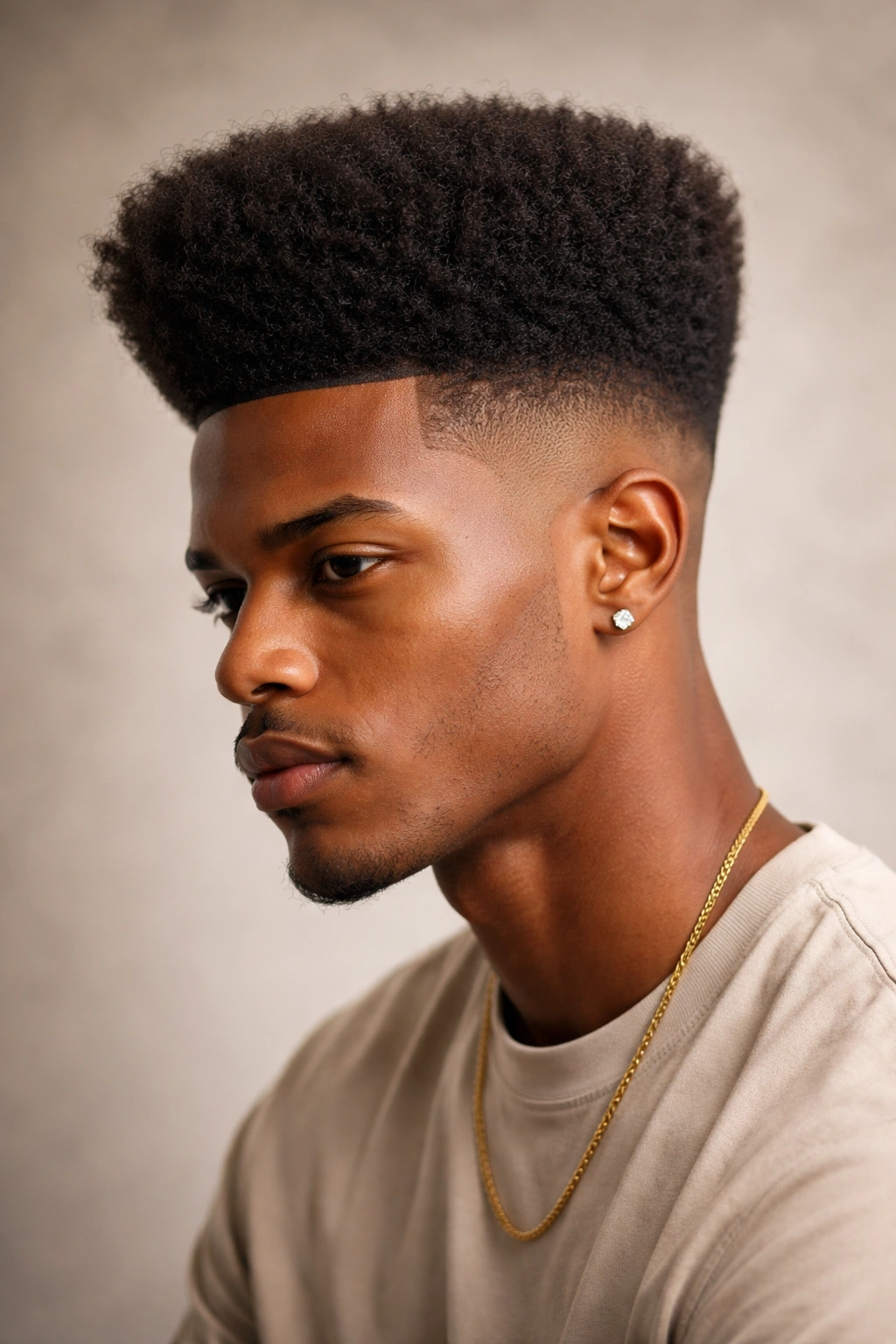 High-top fade afro with dramatic top volume and tapered sides