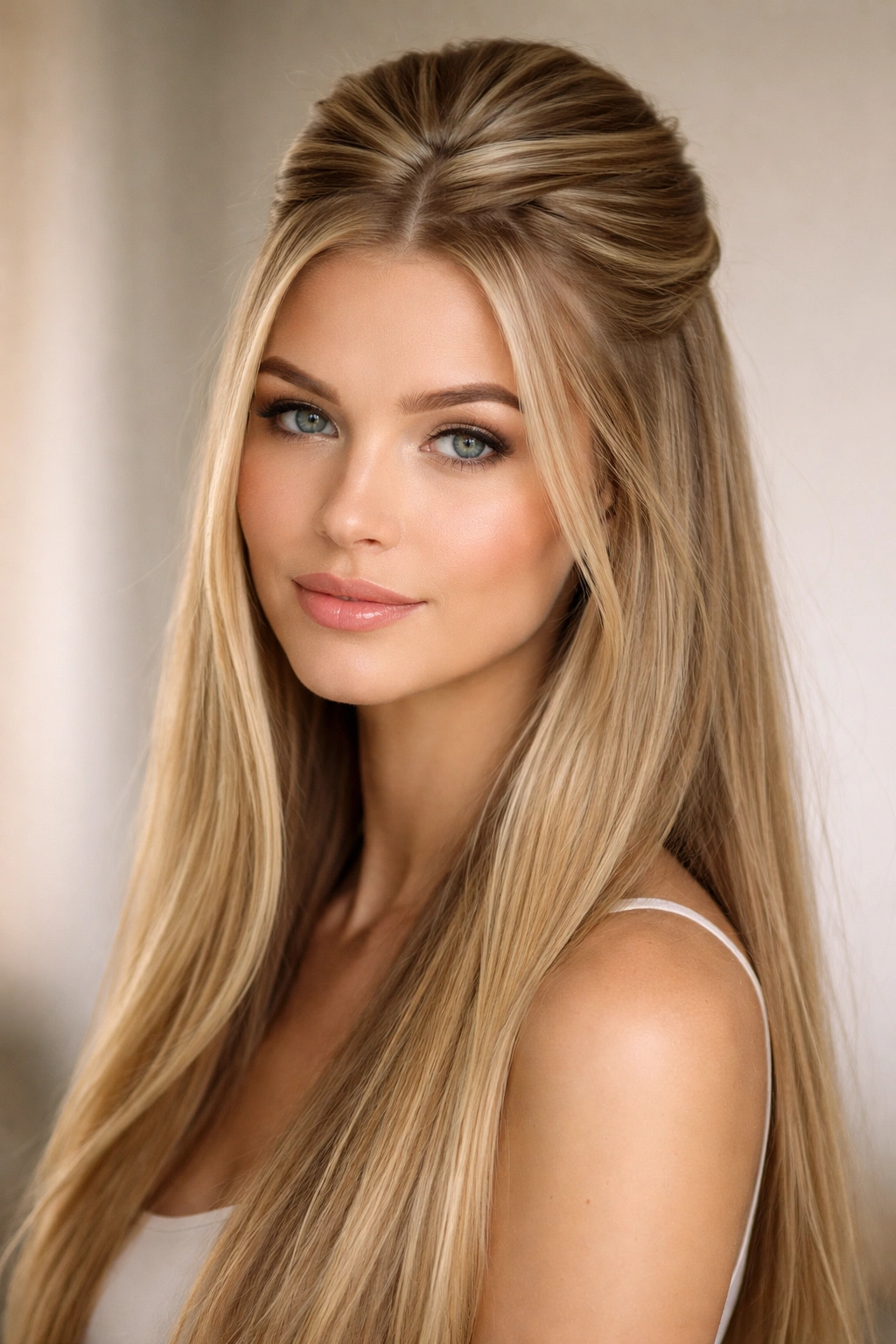 Close-up of high-twist crown half-up hairstyle on straight hair