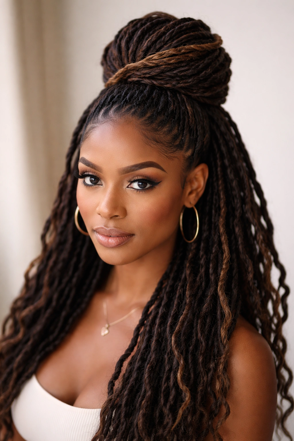 High twisted half up hairstyle with a dramatic crown twist and loose locs