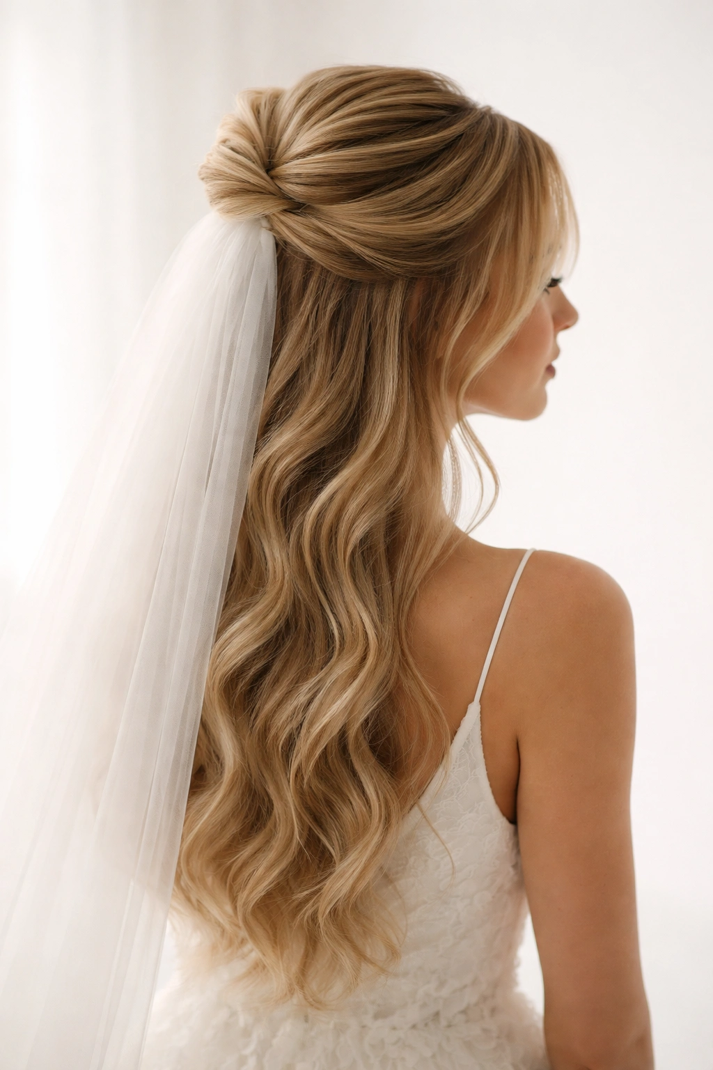 High twisted half-up hairstyle with veil perched on crown