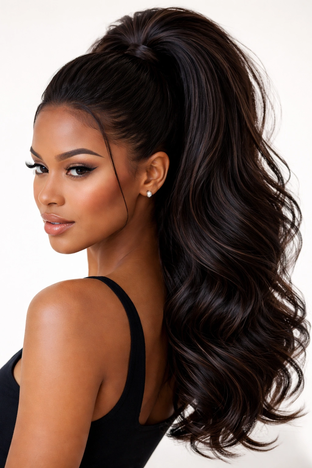 Close-up of a high-volume bouncy ponytail with lifted crown