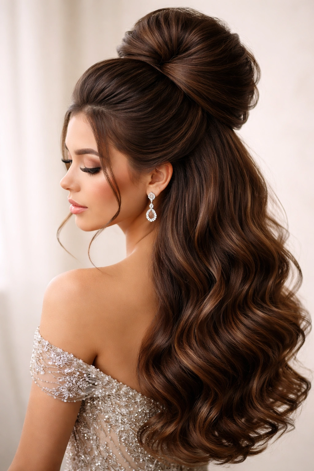 Close-up of The High-Volume Crown Bun with dramatic lift at the crown.