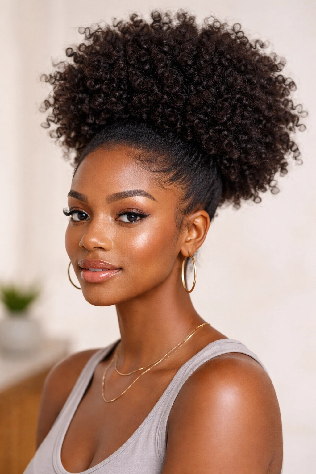 Dramatic high-volume coil puff with tall crown
