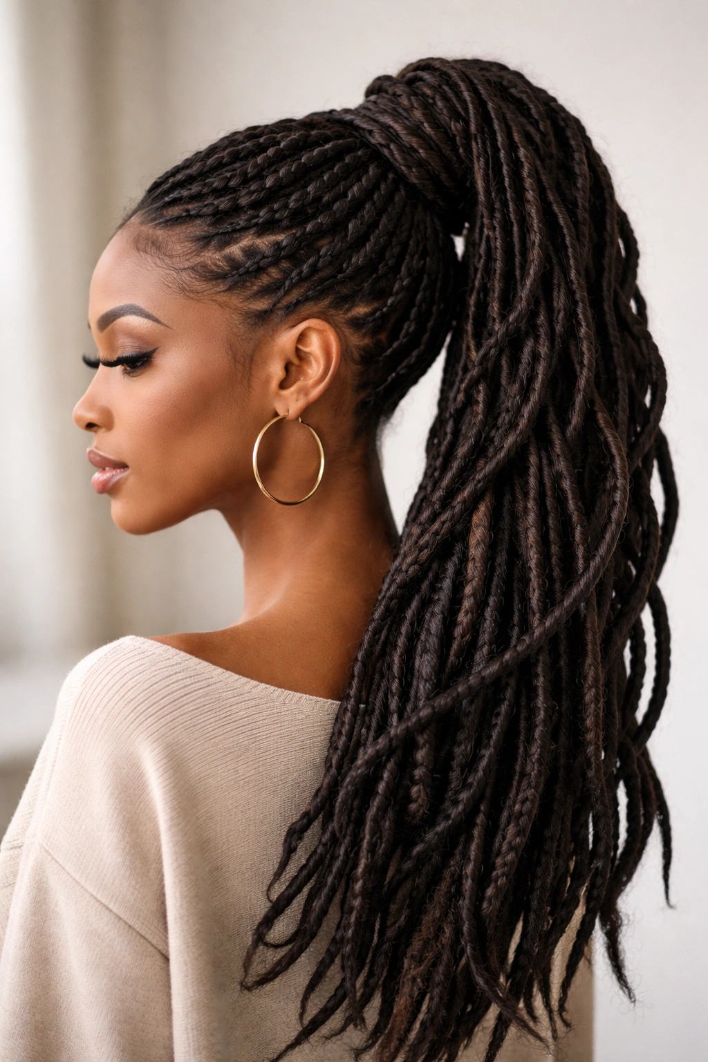 Close-up of a high-volume twisted ponytail with added faux locs showing dramatic fullness and texture