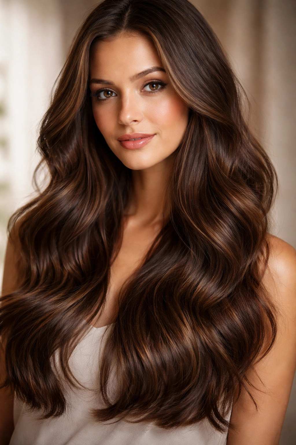Chocolate brown hair with subtle highlights and relaxed waves