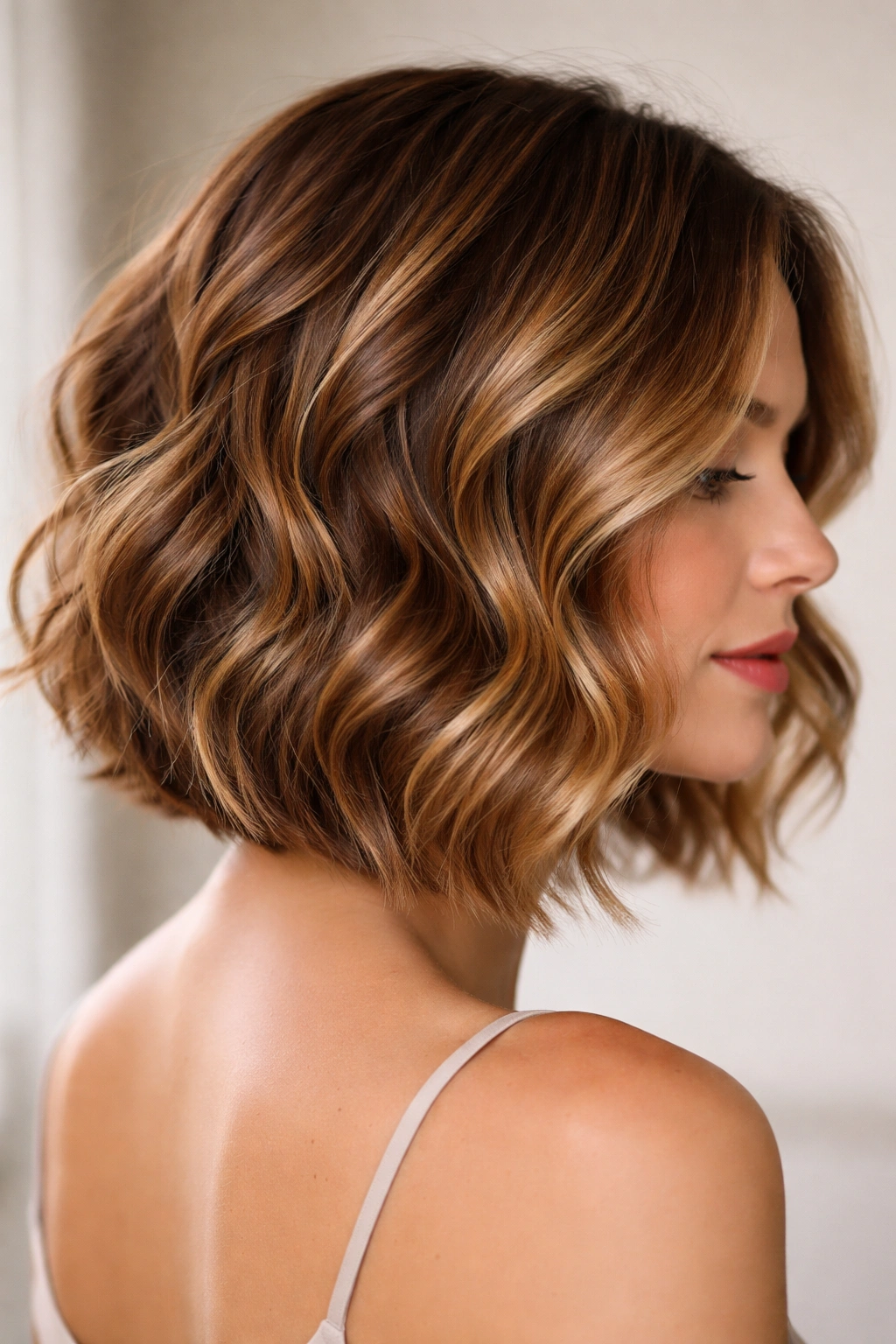 Wavy bob with honey highlights showing dimension