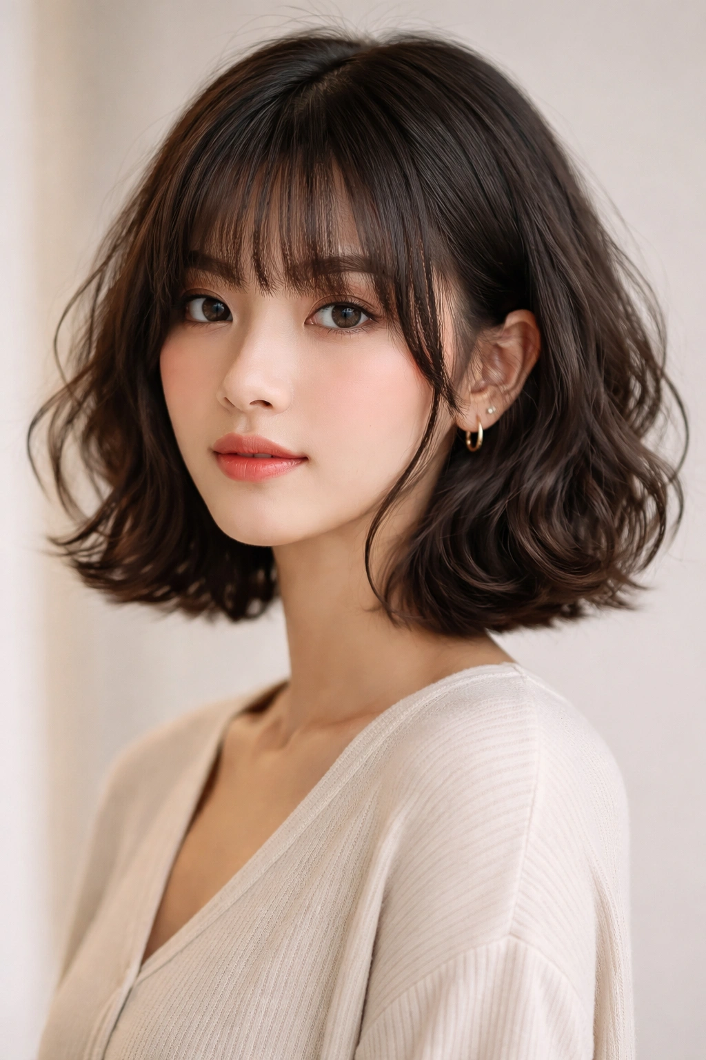 Portrait of Hime Bob with Wavy Texture showing chin-length bob and face-framing side locks.