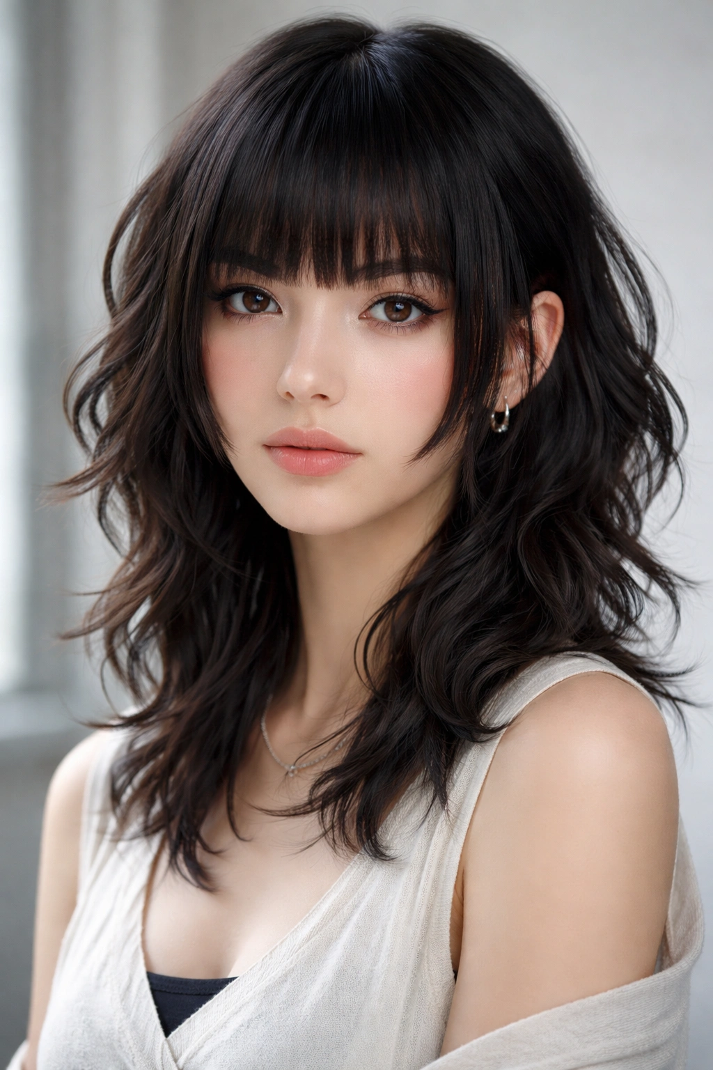 Portrait of a person with a short hime cut and choppy texture.