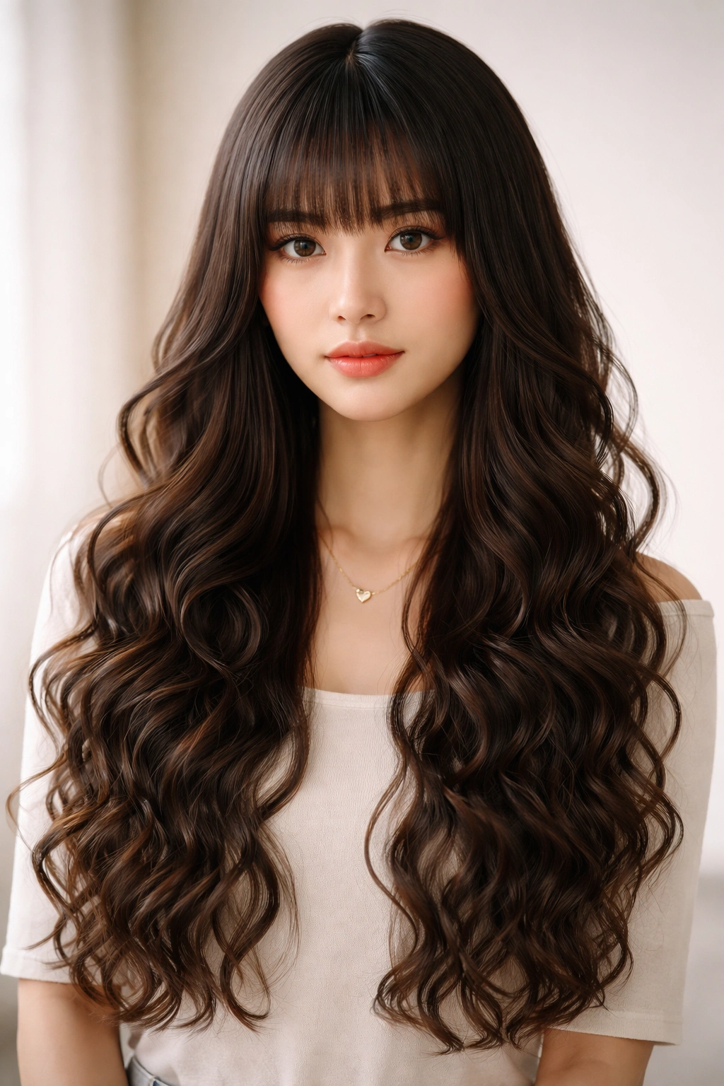 Portrait of a person with long hime cut and spiral waves.