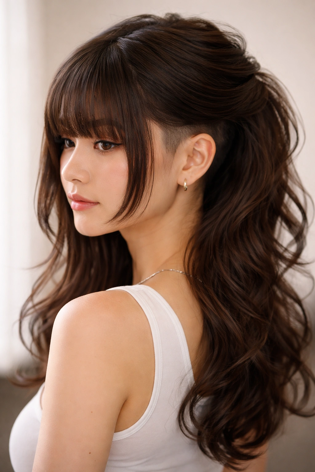 Portrait of a person with hime cut and hidden undercut at the nape.