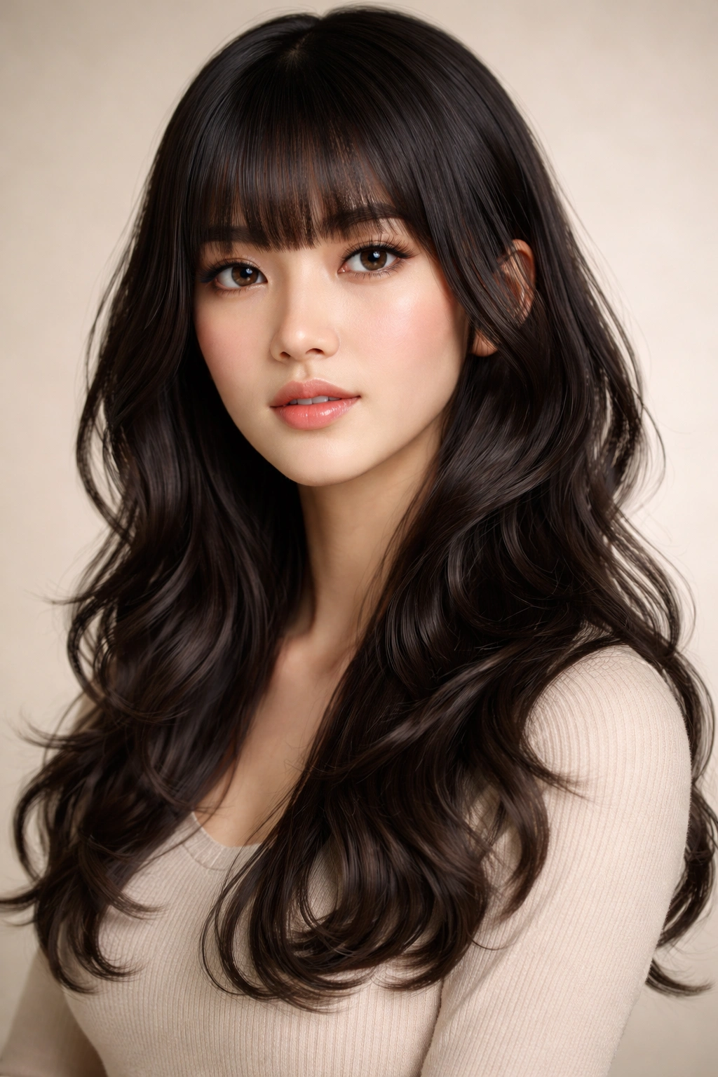 Close-up portrait of a person with classic hime cut featuring blunt bangs and wavy layers.
