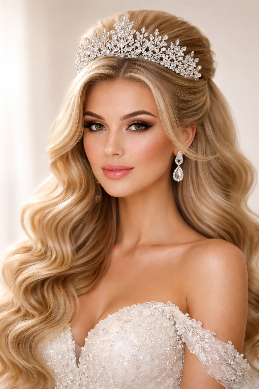 Frontal portrait of Hollywood glam half-up hairstyle with a large statement tiara.