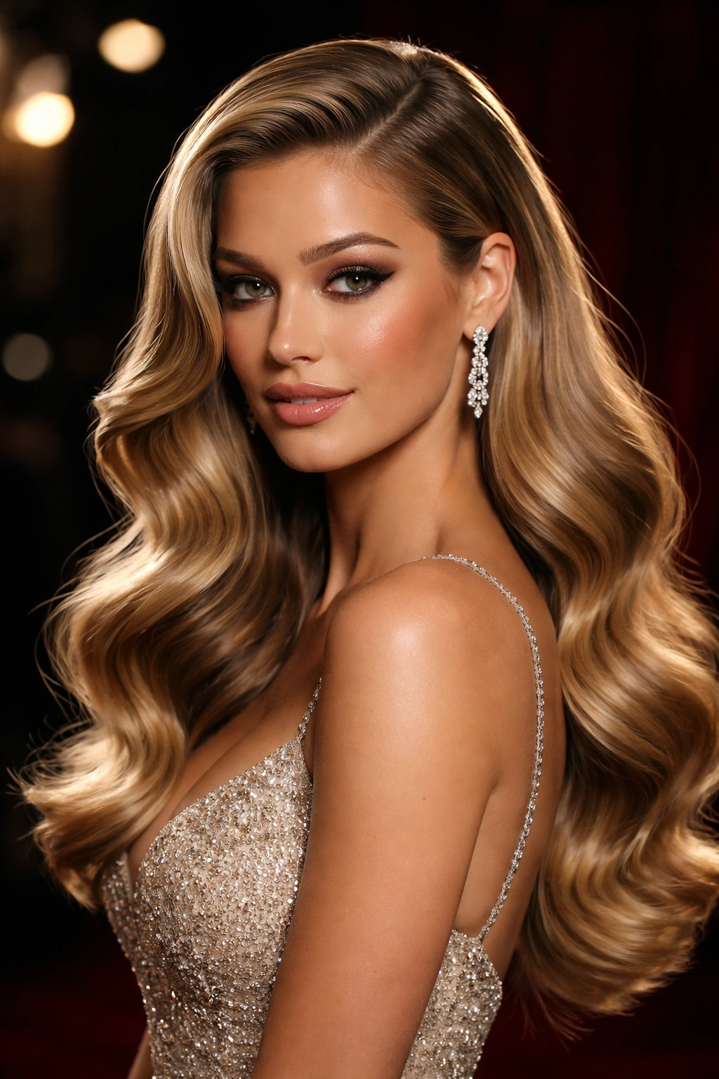 Hollywood glamour waves with deep side part on a model, dramatic lighting.