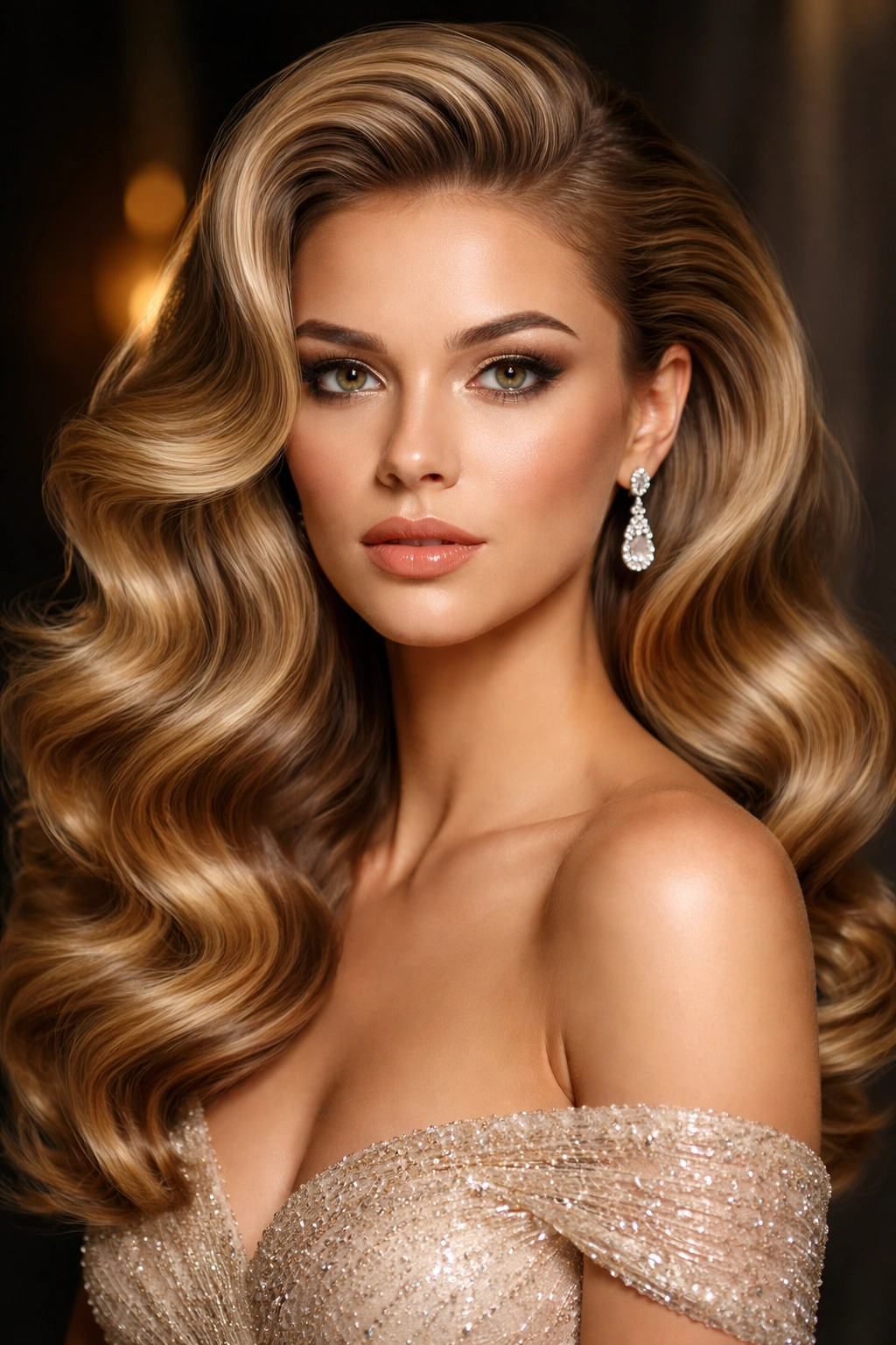 Dramatic Hollywood glamour waves with high crown volume
