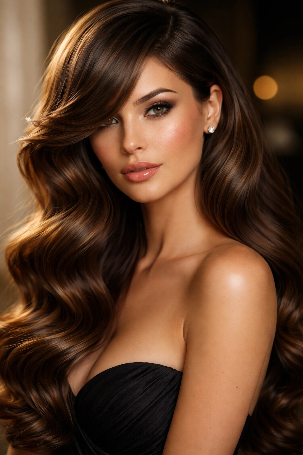 Glamorous Hollywood waves with deep side bangs