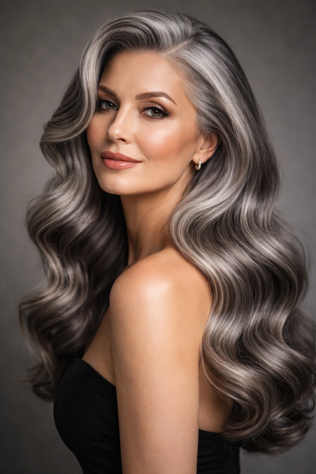 Close-up of a woman with long gray hair styled in glossy Hollywood waves and a side part.