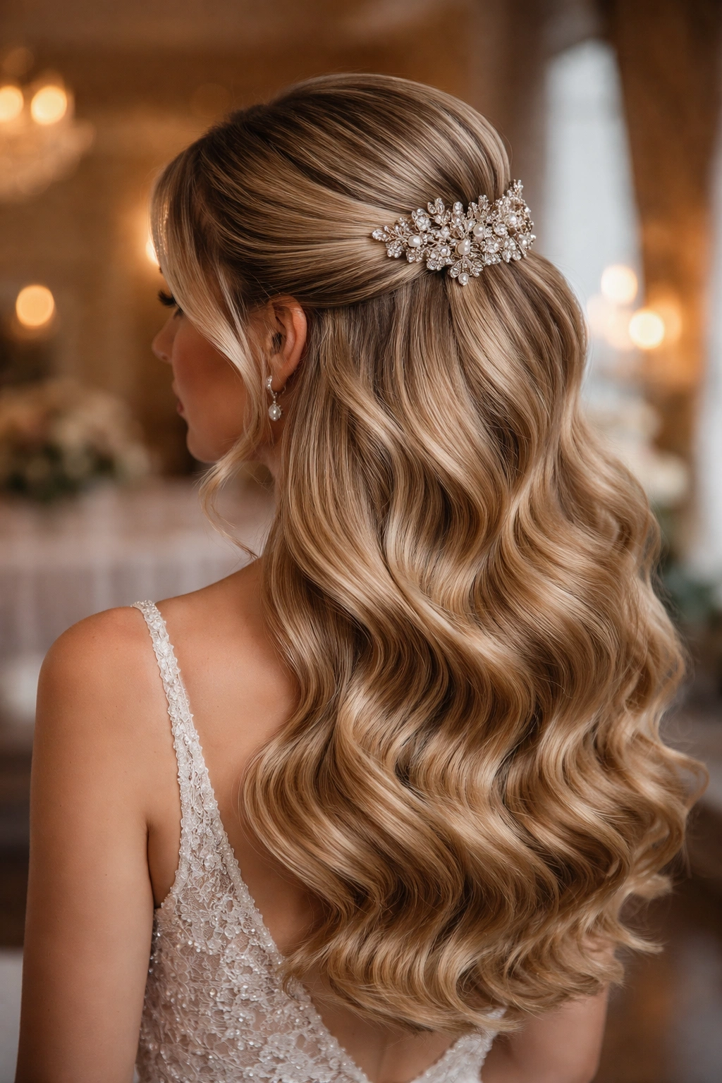 Large glossy Hollywood waves with half-up top section secured by a clip