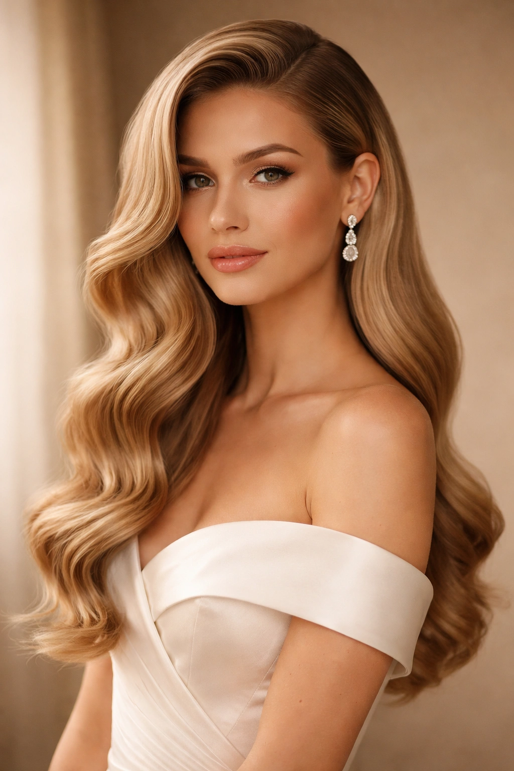 Side-swept Hollywood waves cascading on one side