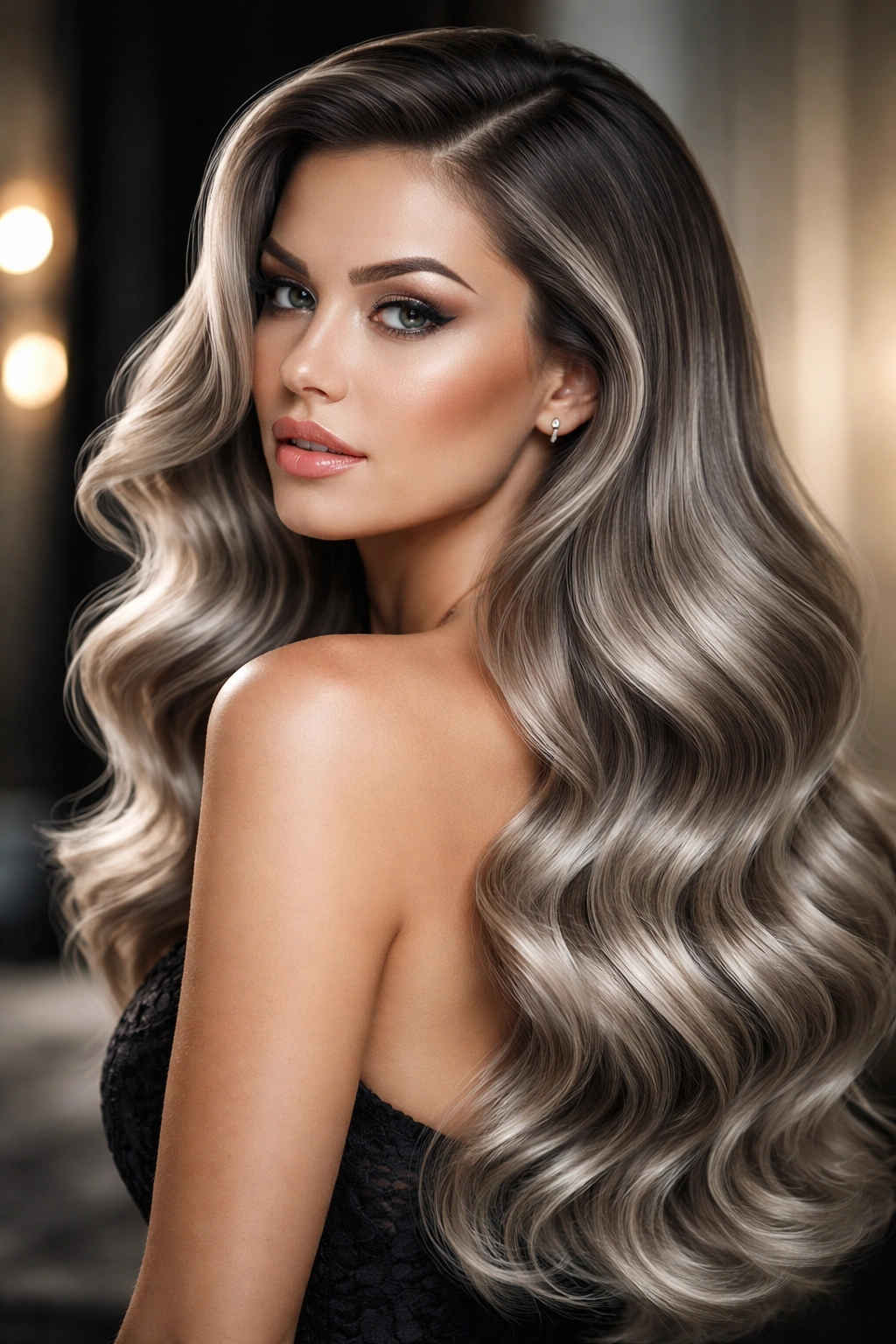 Glamorous defined waves with silver balayage in studio lighting
