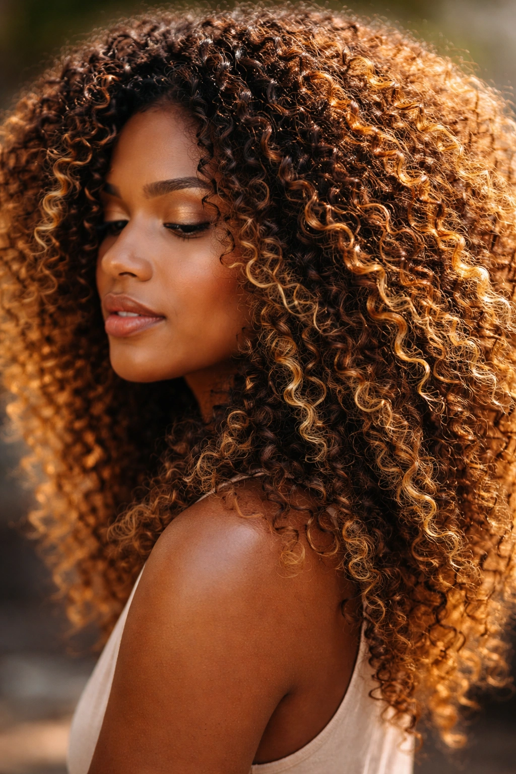 Close-up of coily hair with honey balayage on surface curls