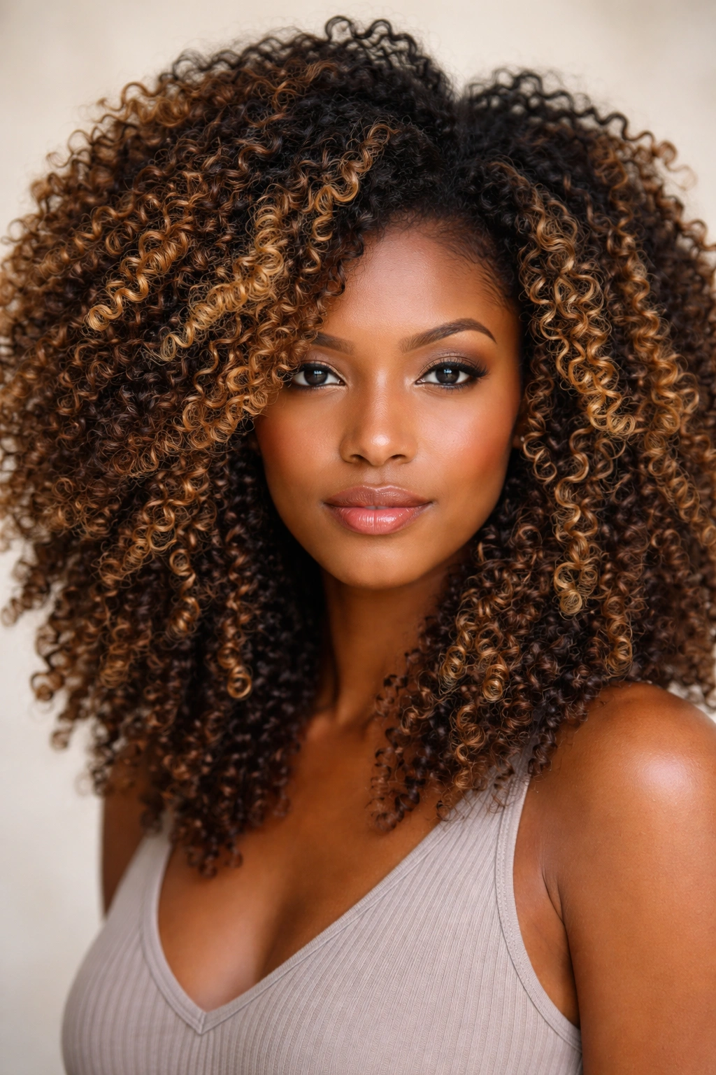 Close-up of coily hair with honey-kissed balayage around face and crown