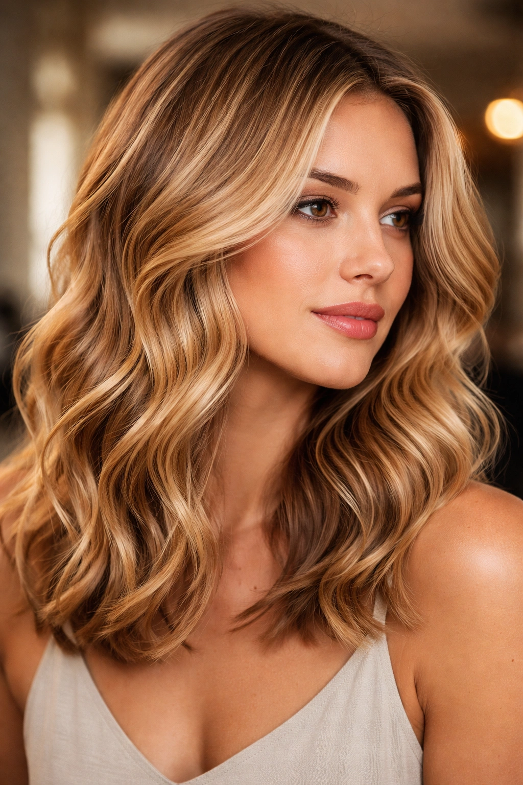 Honey blonde waves with dimensional highlights