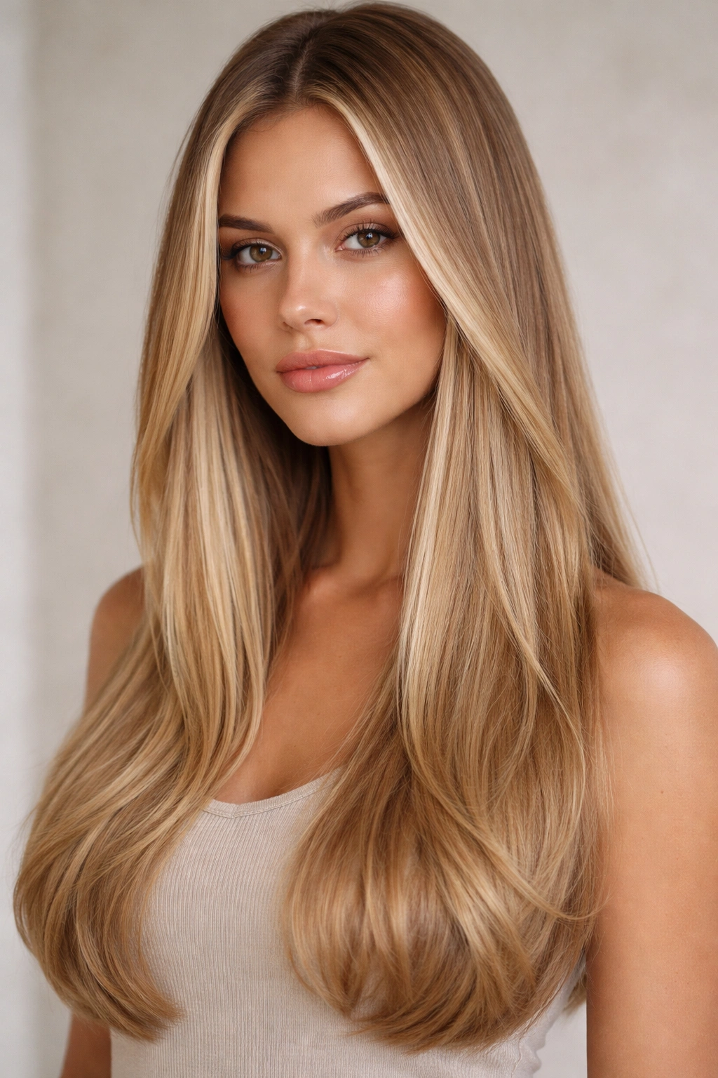 Honey blonde straight hair with dimensional highlights along the length