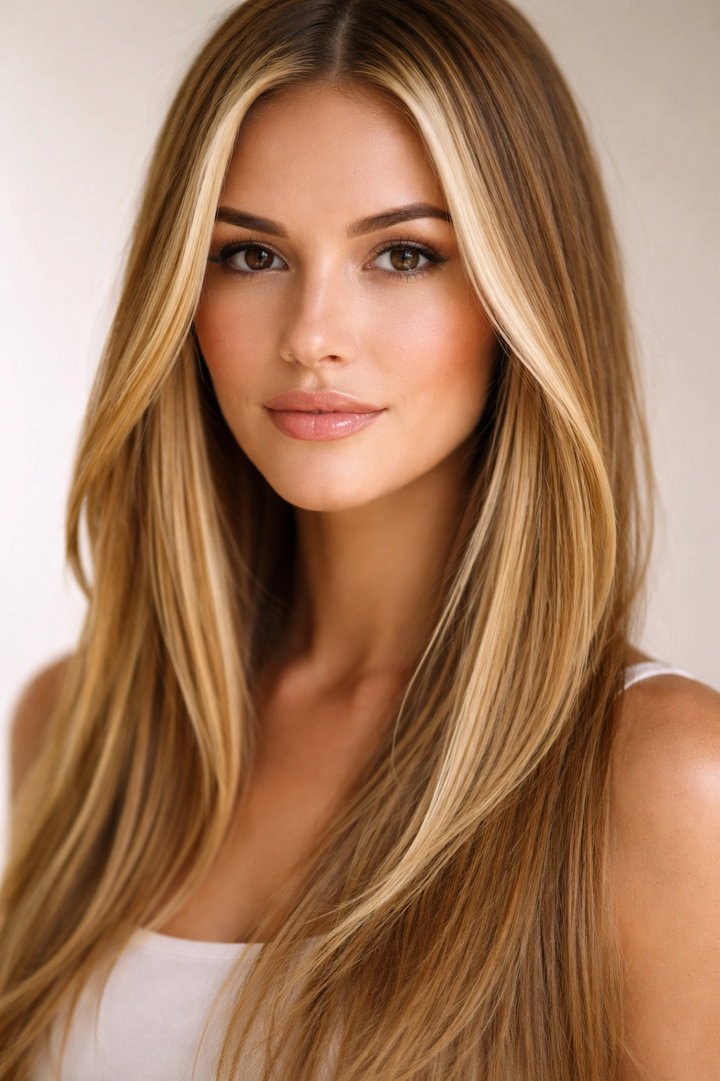 Honey blonde hair with face-framing highlights on straight hair.
