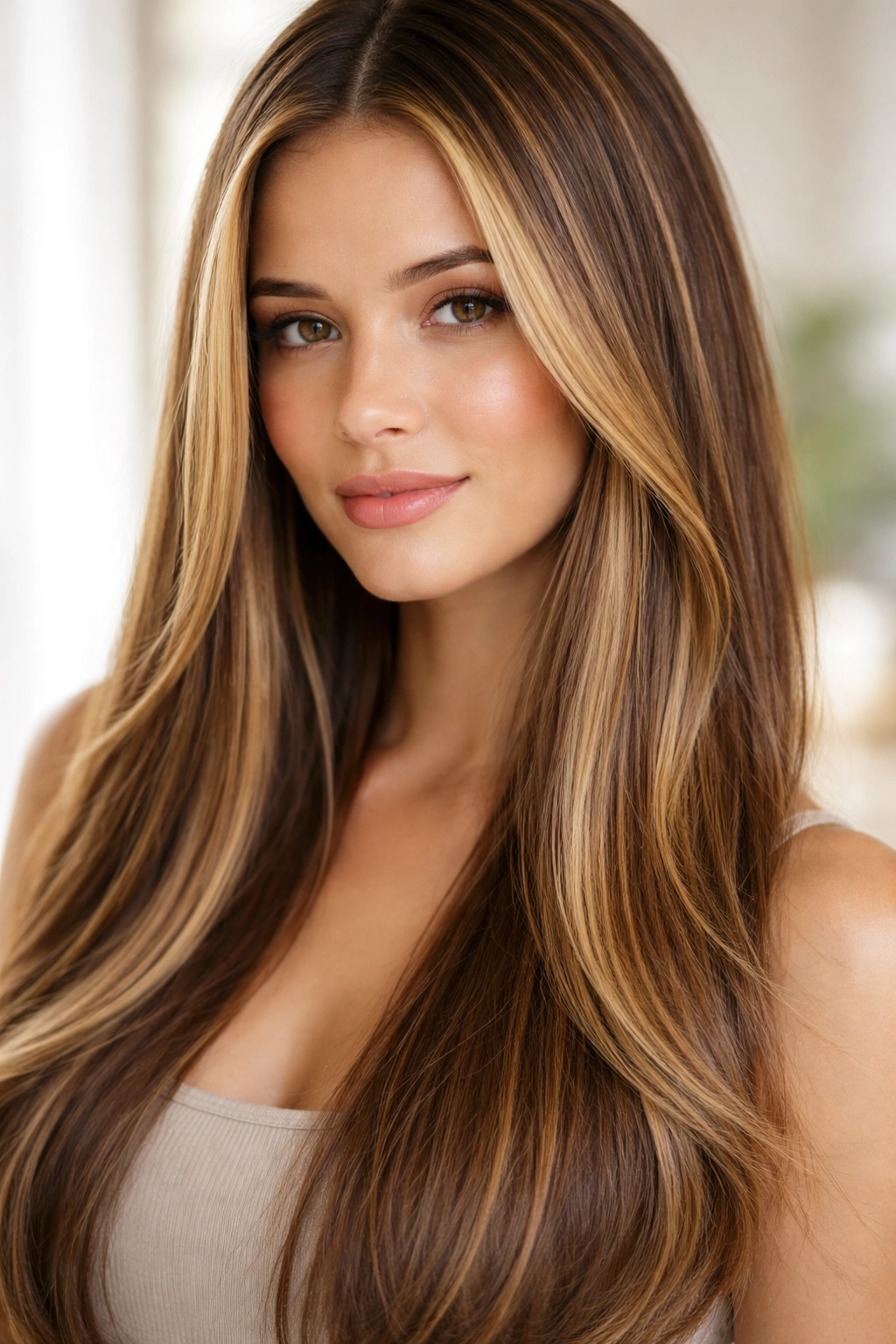 Close-up of straight hair with honey blonde highlights for sun-kissed glow.