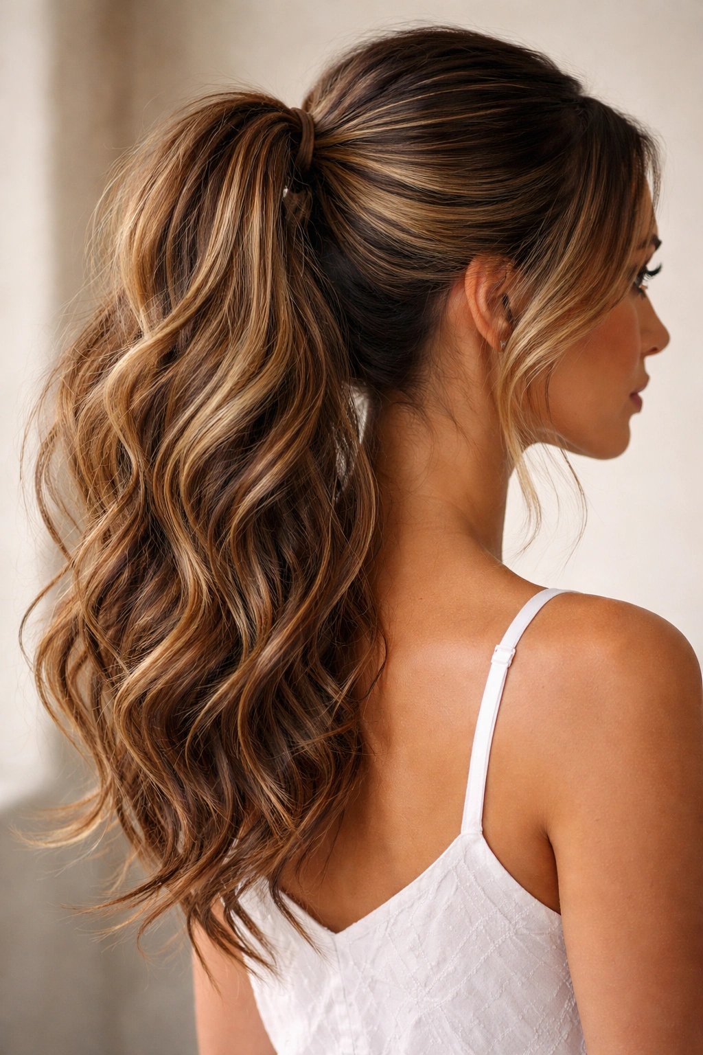 Textured ponytail with honey highlights and deeper lowlights for rich dimension