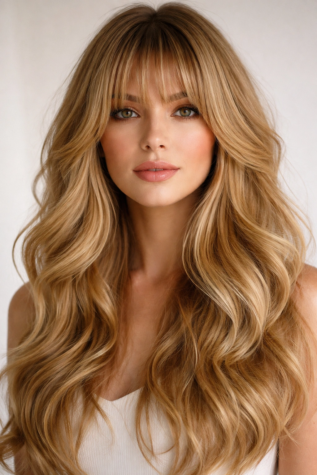 Honey blonde waves with layered bangs creating dimensional texture.