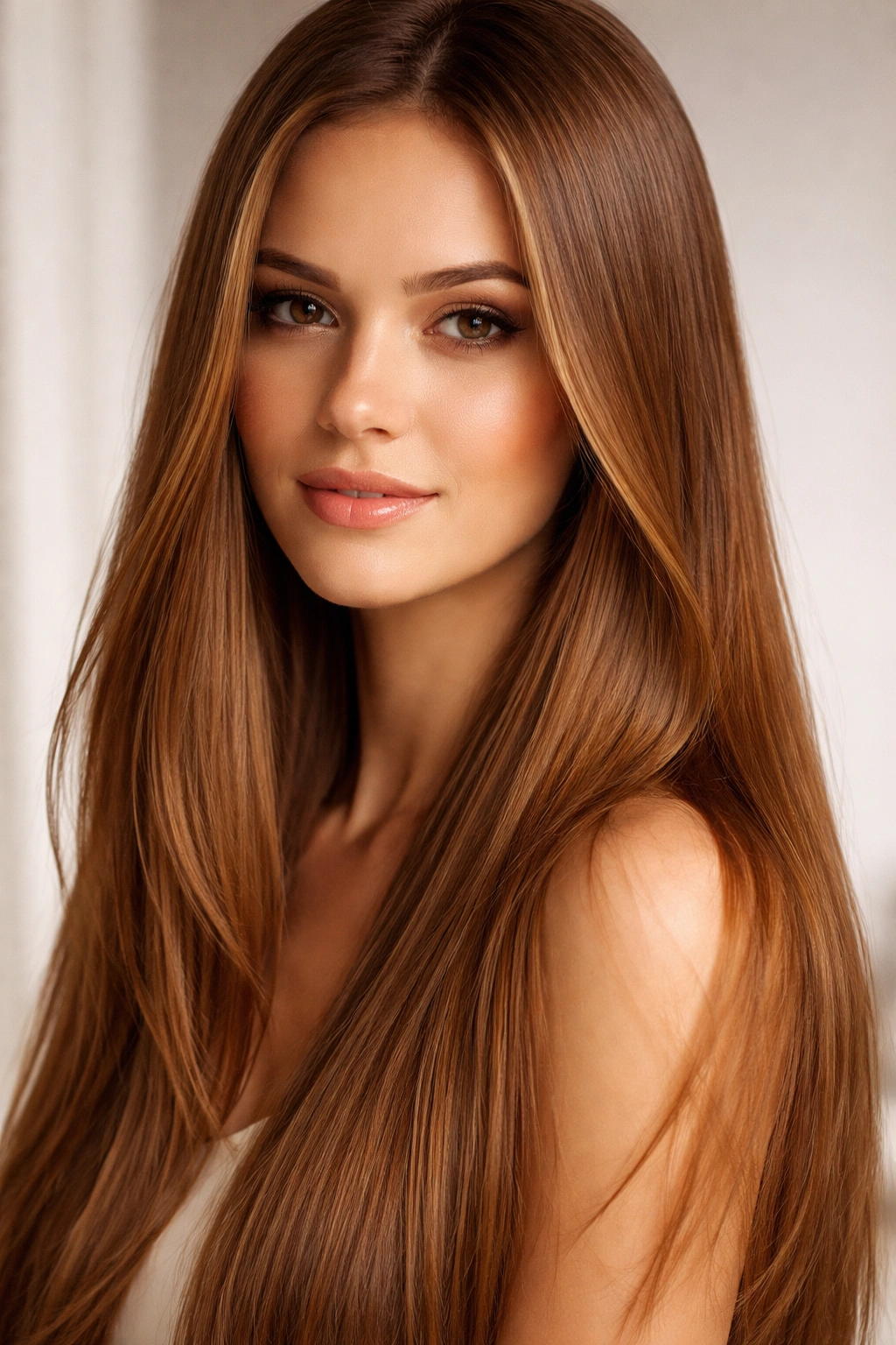 Close-up of straight honey brown hair with sun-kissed warmth