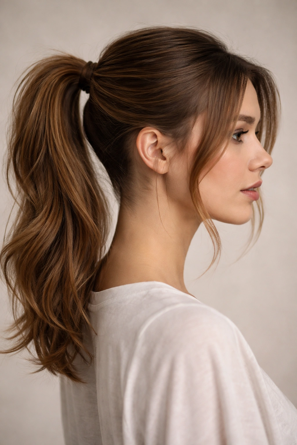 Honey brown ponytail with subtle face-framing undercut at the nape