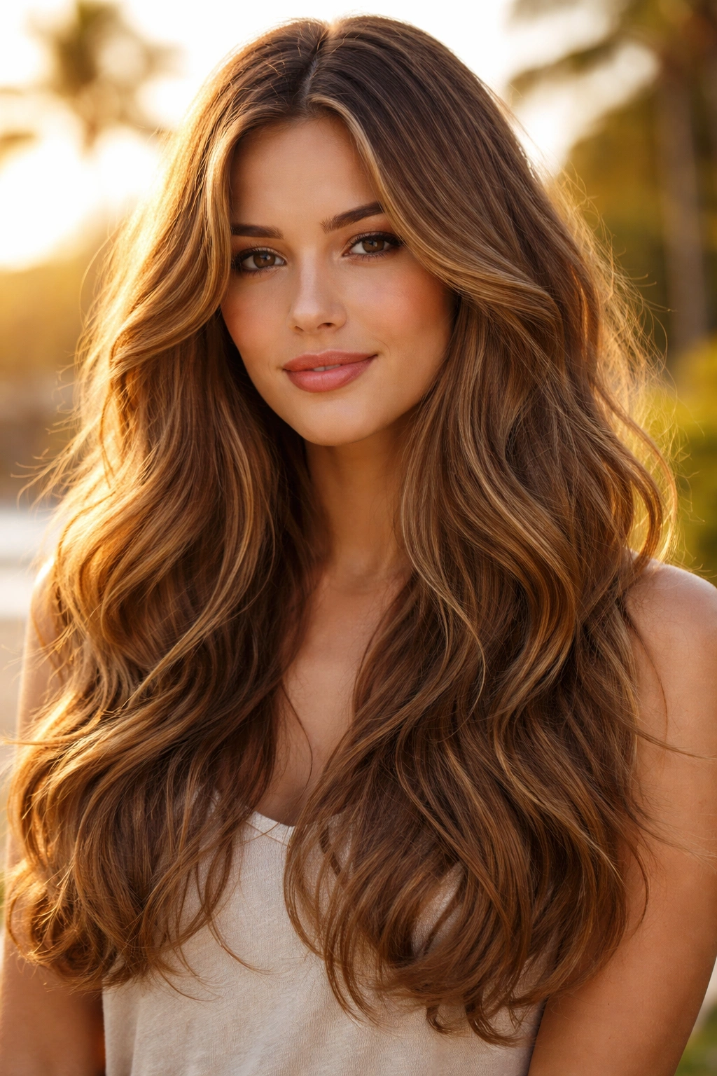 Close-up of honey brown hair with soft beachy waves and subtle layers