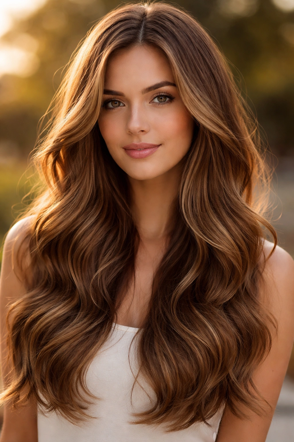 Warm honey brown waves with subtle face-framing highlights and long layers